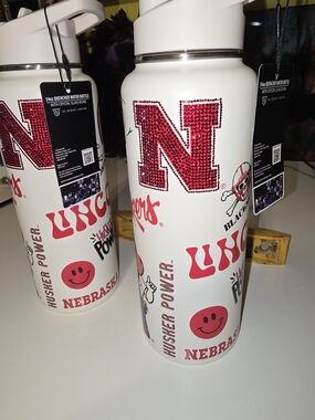 Nebraska Huskers White Stainless Water Bottle with Red Rhinestone 'N'